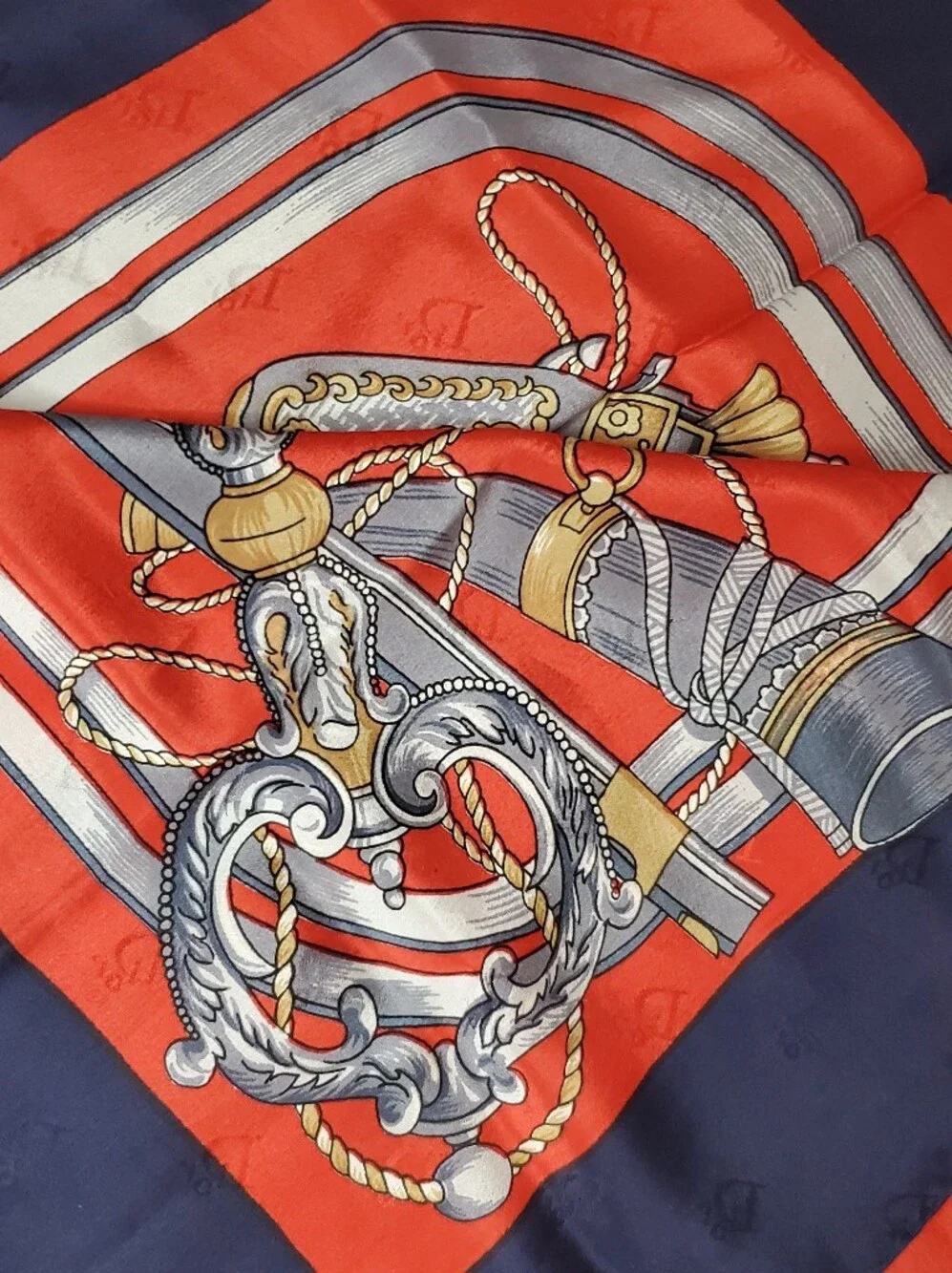 Vintage Christian Dior Silk Scarf Equestrian Hunting Weapon Motif Red Navy Blue